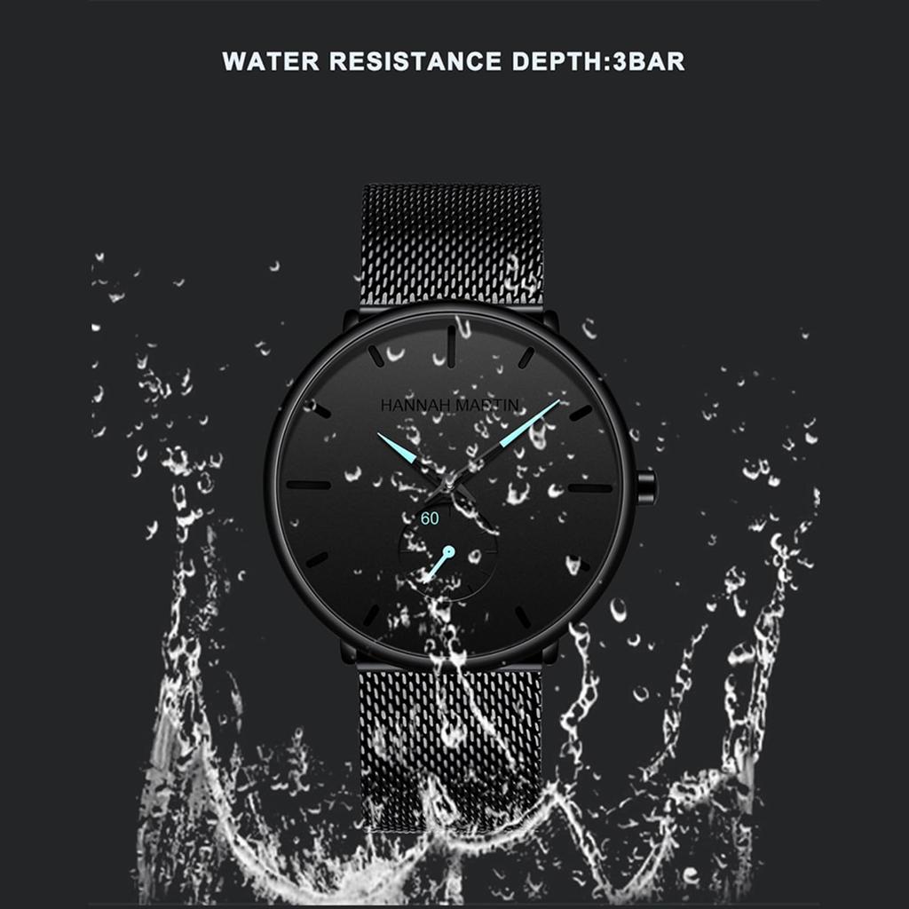 Hannah Martin Black Waterproof Dress Watch with Stainless Steel Band Men's Ultra-Thin (Blue)