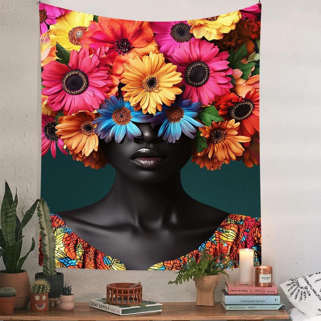 Black Women Wall Art Tapestry Vertical Flower Girl Tapestry African Print Tapestries for Women Men Teens Modern Decor Wall Art