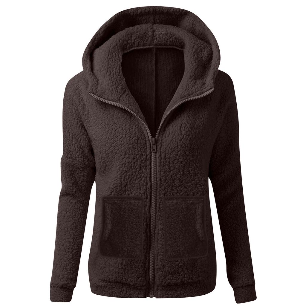 Women's Fashion Colour Sweatshirt Loose Hooded Plush Zip Up Jacket Top