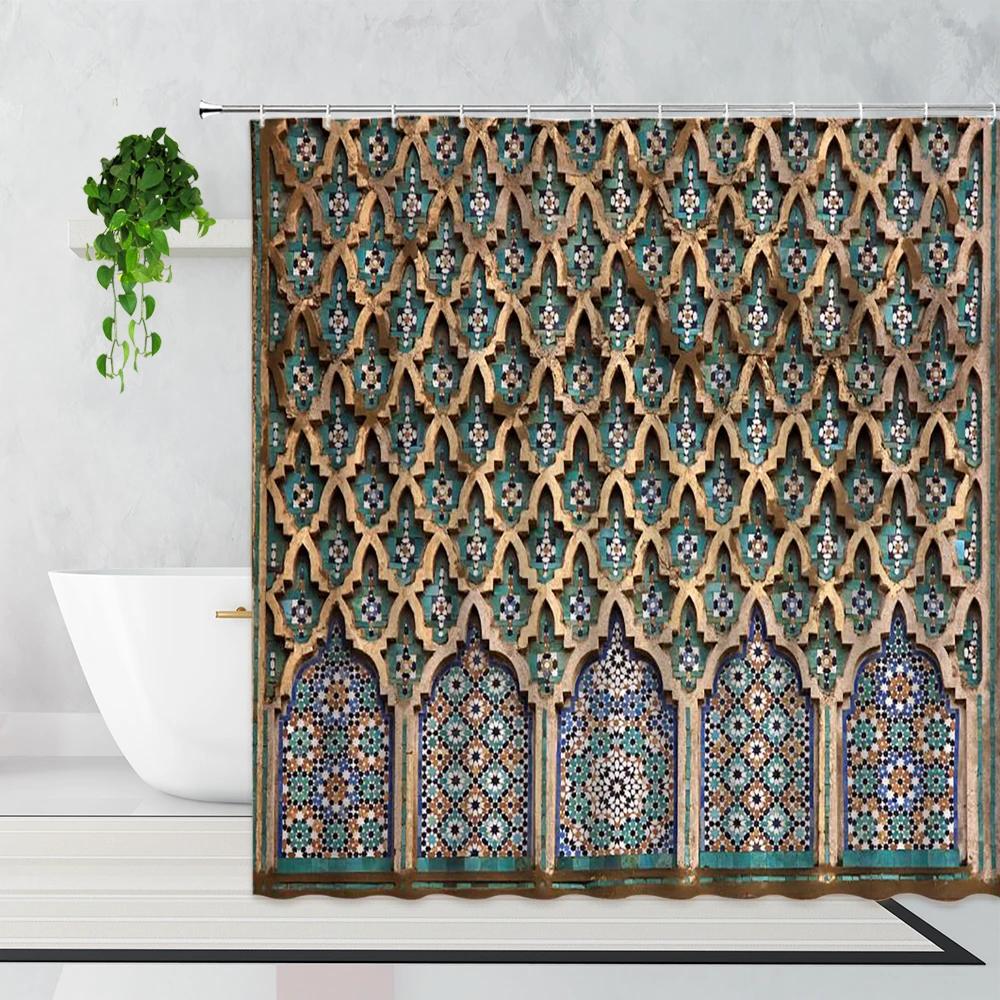 

3D Moroccan Shower Curtain Aged Gate Geometric Pattern Doorway Design Entrance Architectural Oriental Style Bathroom Curtains W60H190(CM)-1 Pcs