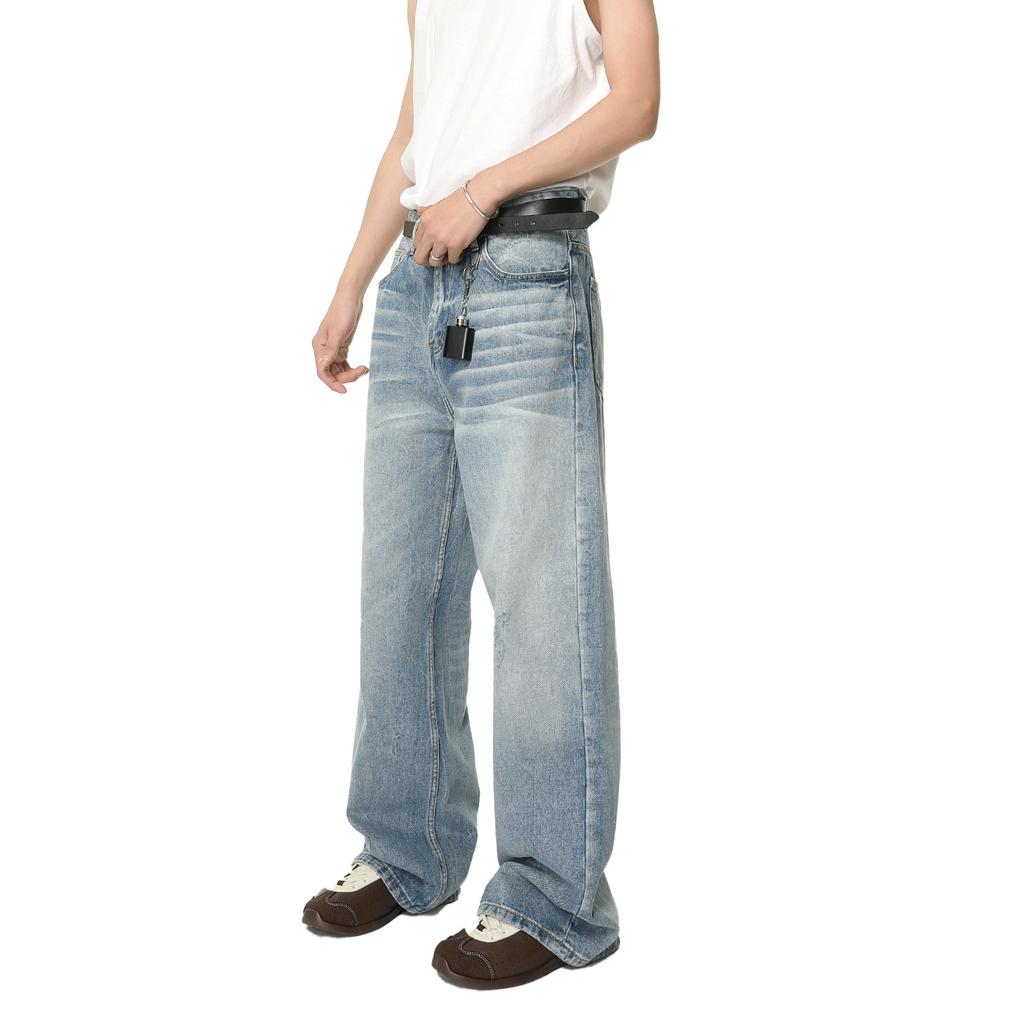 | Washed pattern white straight tube loose vibe mopping denim trousers casual tide