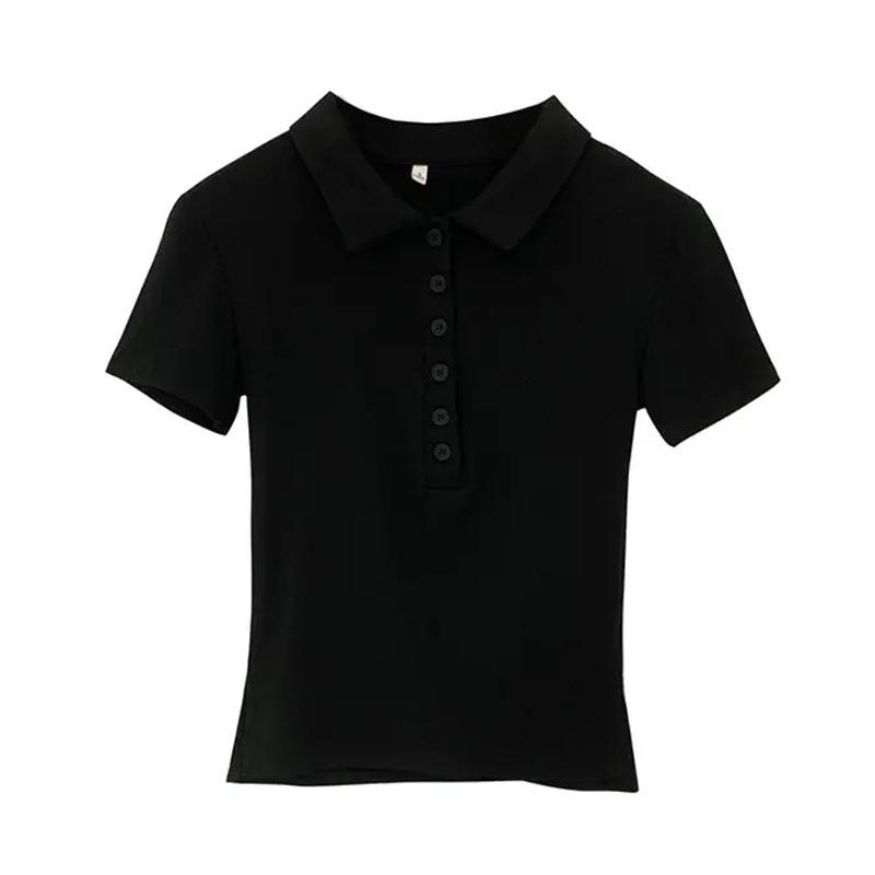 Women's Summer Slim Fit Polo Shirt - Short Sleeve, Button Collar, Straight Shoulder Design