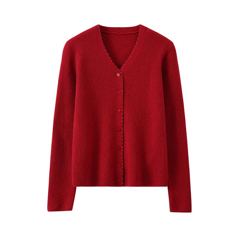 Early Autumn New 100 Cashmere Drawn V-Neck Placket Beaded Cardigan Showing Thin Temperament Elegant Coat Shirt