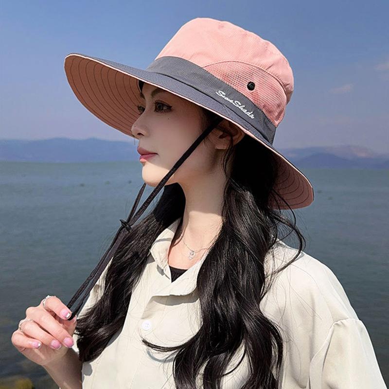 New Color Blocked Summer Mesh Fisherman Hat Women Quick Drying Fordable Sun Protection Hat Outdoor Riding Travel Ponytail Cap
