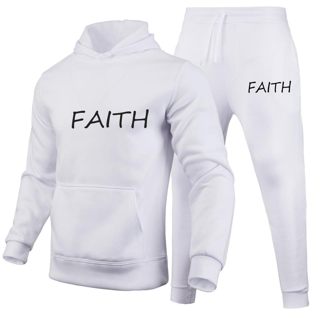 FAITH Letters Printed Suits Autumn Winter Tracksuit Men Solid Hooded 2 Piece Sets Mens Outfits Suit Men Fleece Sport Hoodie Sweatpants Two Piece Sets