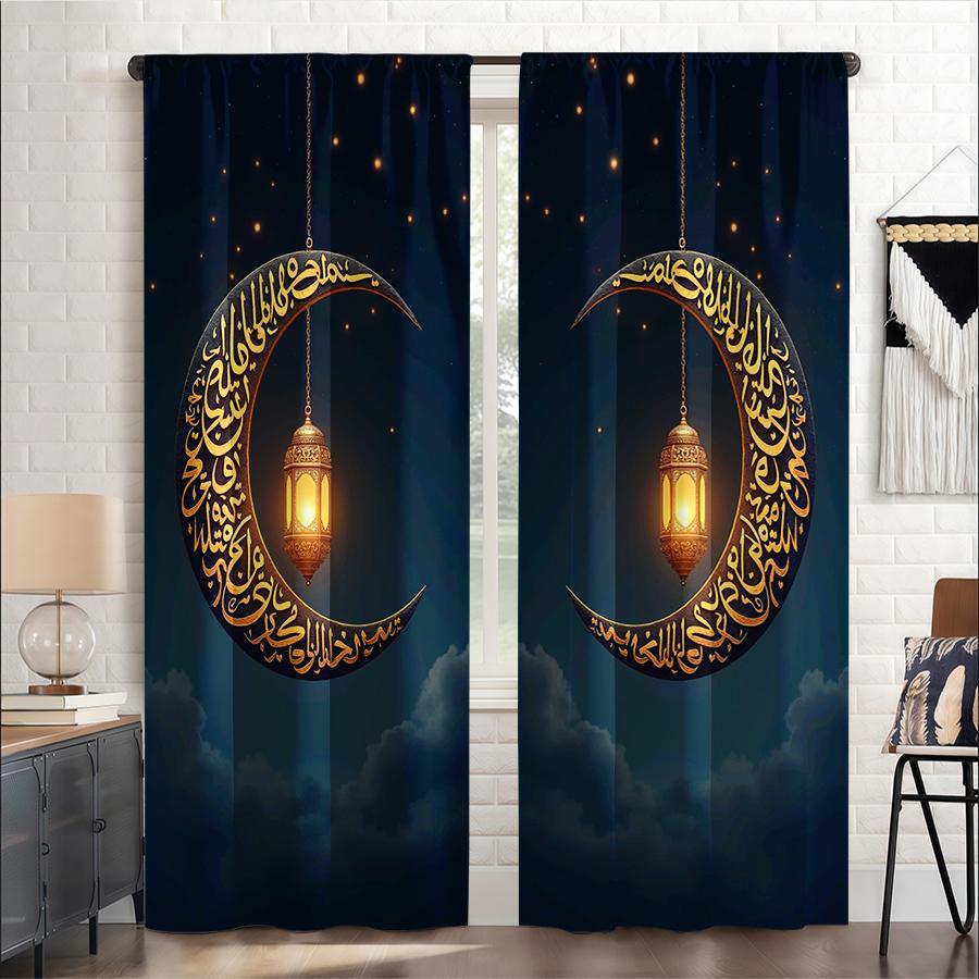 

2 pieces Islamic moon lamp calligraphy curtains, flat 2D printing, Ramadan Eid decoration, suitable for bedroom living room wind 24x59in(60x150CM)x2&Rod Pocket