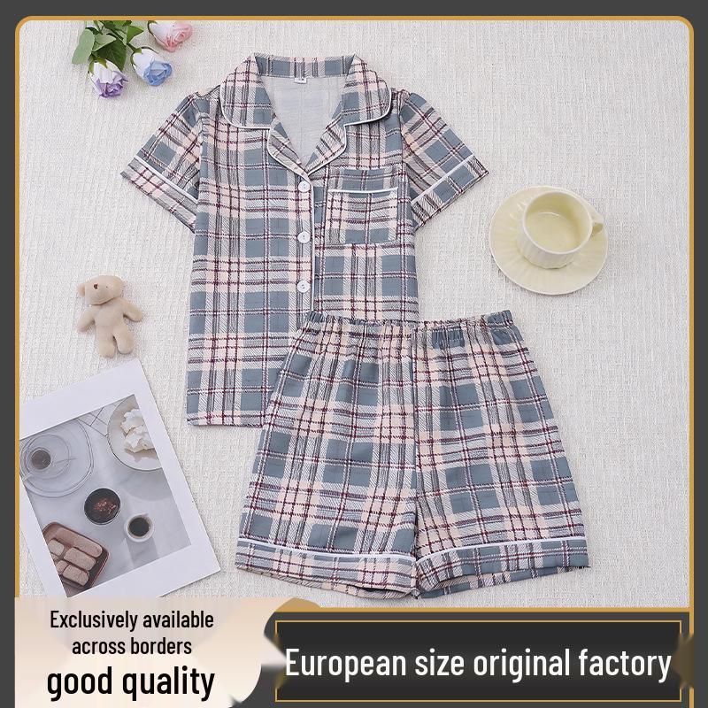 Girls Plaid Cardigan Short-Sleeved Pajama Set - European & American Style 120cm