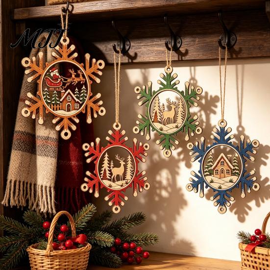 Lightweight Wooden Xmas Tree Hanging Set 4 Pcs Christmas Snowflake Ornaments, Rustic Decoration with Indoor Window Wall Ornaments Elk Village