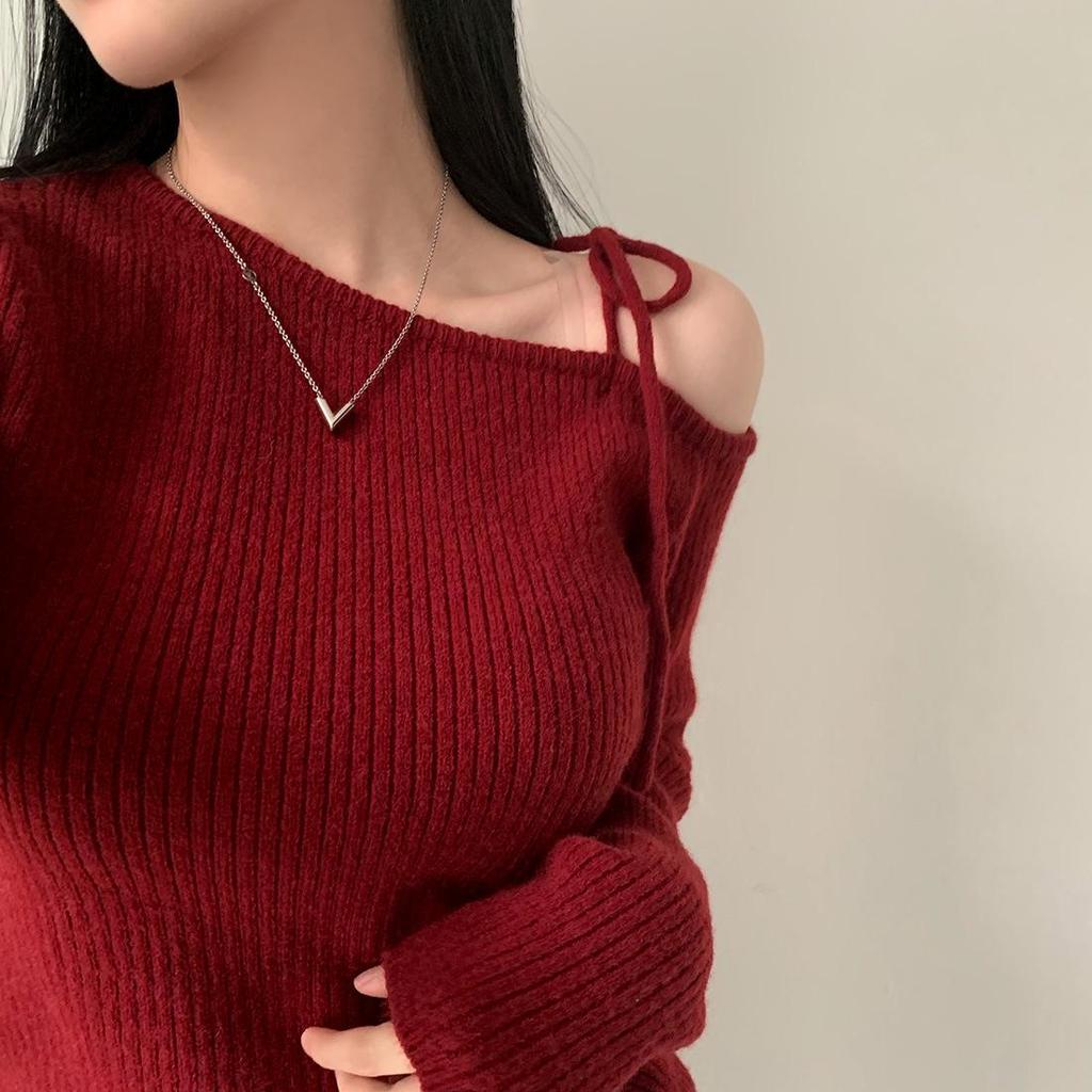 One-Shoulder Lace-Up Knit Sweater - Irregular Neck Slimming Long Sleeve for Women