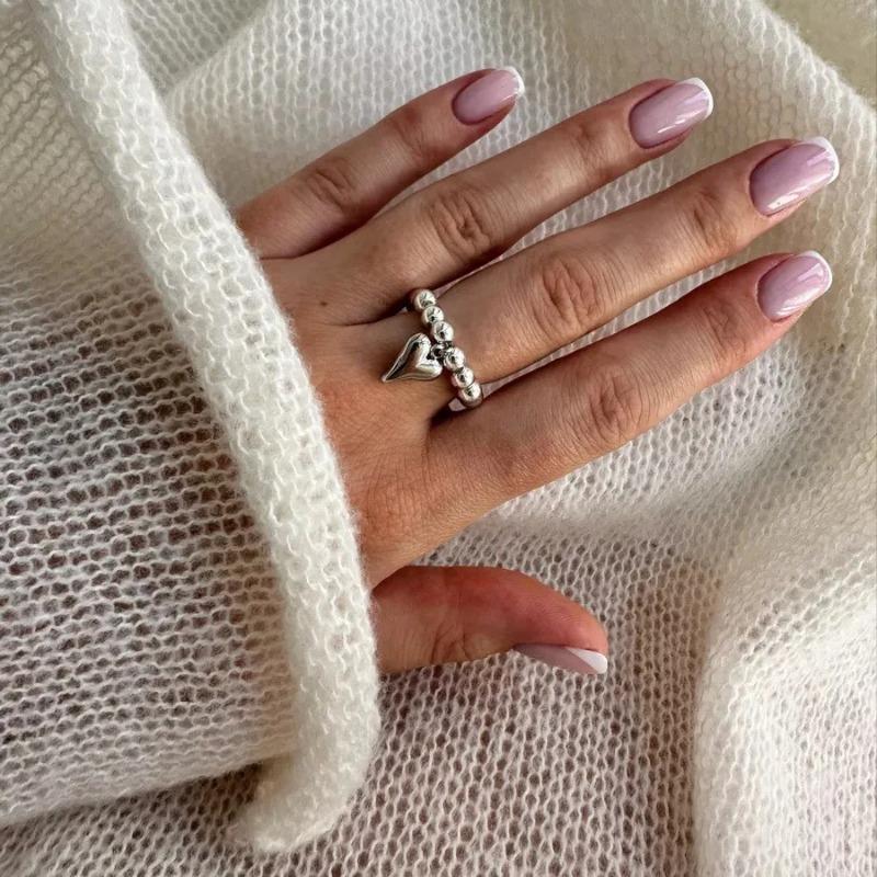 Vintage Handmade Love Heart Pendant Beaded Elastic String Rings for Women Girl Silver Color Bead Adjustable Ring Jewelry