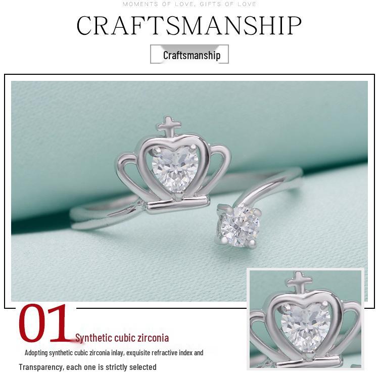 Korean Style Fresh Zircon Crown Heart Open Ring - S925 Sterling Silver