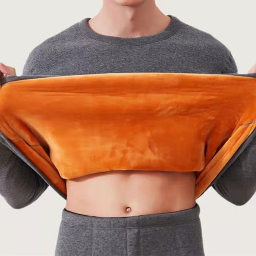 Men's Yellow Velvet Thermal Underwear Set - Warm, Slim Fit, Round Neck for Autumn and Winter