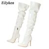 Eilyken Botas por encima de la rodilla de charol plisado de alta calidad para mujer, zapatos altos hasta el muslo con cremallera y punta estrecha a la moda
