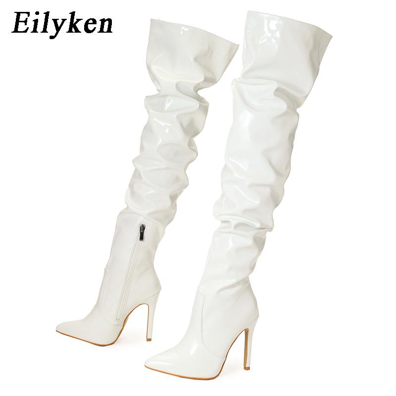 Eilyken Botas por encima de la rodilla de charol plisado de alta calidad para mujer, zapatos altos hasta el muslo con cremallera y punta estrecha a la moda
