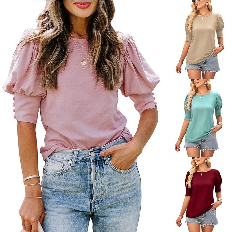 Women's Summer Round Neck Solid Color Button Loose Casual Short-sleeved T-shirt Top