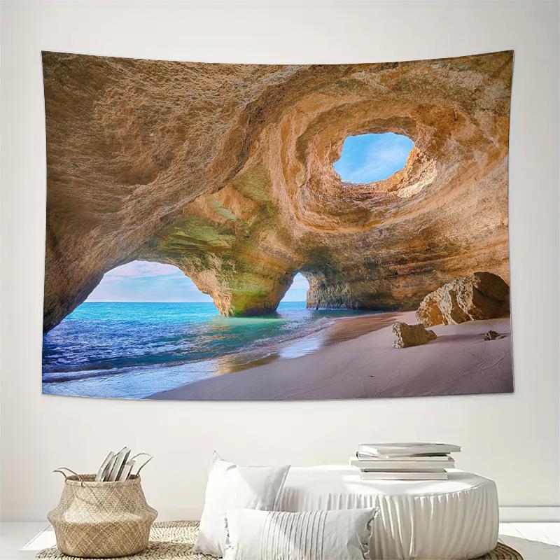 Natural Sea Cave with Blue Sky Opening Turquoise Ocean View Coastal Rock Formation Art Wall Tapestry Machine Washable QuickSetup