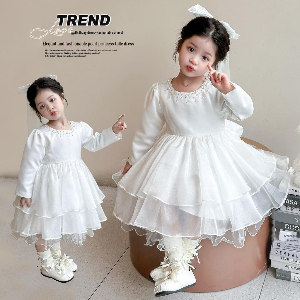 White Tulle Dress for Girls, Ages 2-7 - Spring/Autumn Flower Girl Dress