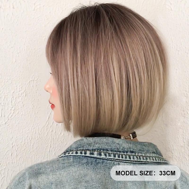 Pixie Cut Wigs Synthetic Short Straight Pink Brown Bob Wigs With Dark Roots High Density Layered Hair Wigs With Curtain Bangs