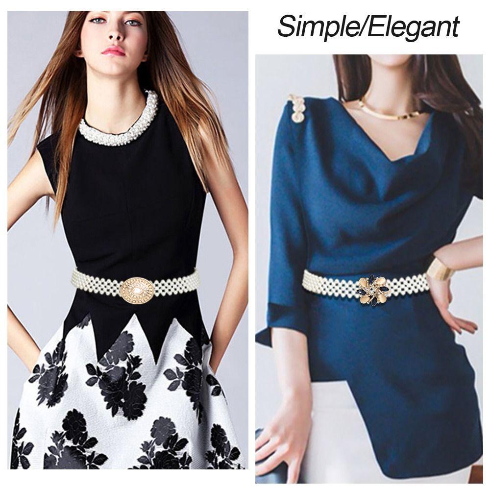 Ladies' Elastic Thin Waistband with Pearl Rhinestone Waist Chain Simple Korean Style Drawstring Belt Women Apparel Accessories