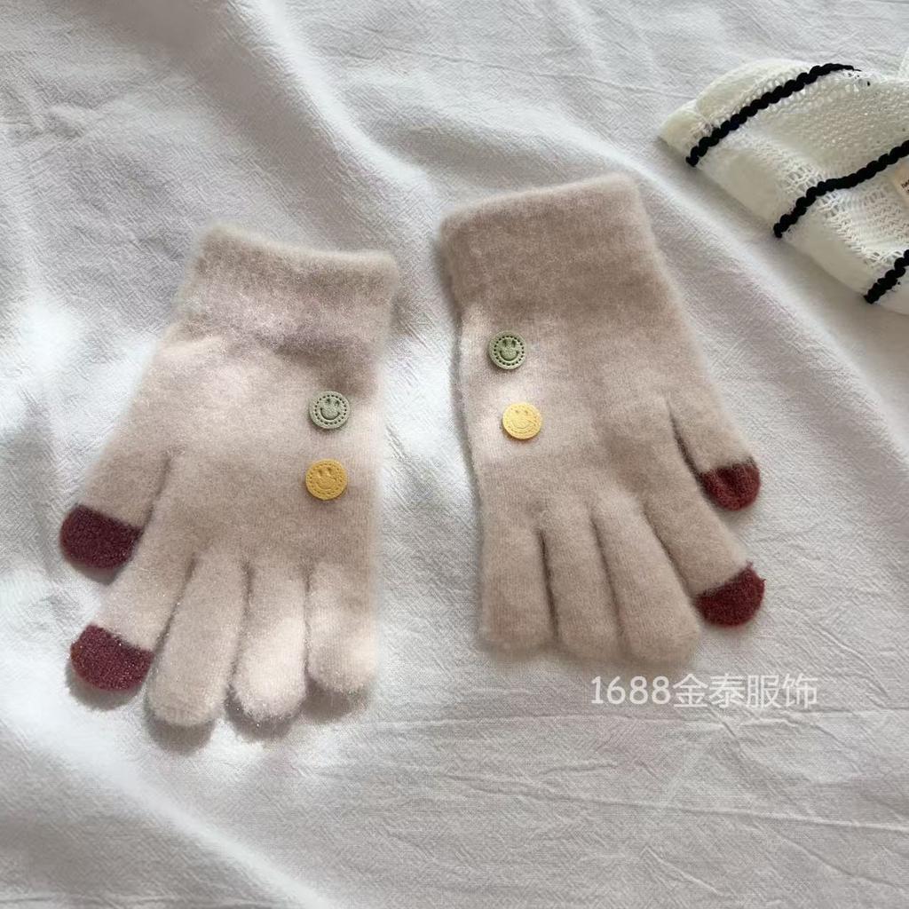 7-12 Year Old Children Button Five Fingers Warm Korean Version Smiley Face Baby Wool Boys and Girls Students Cold-proof Knitted Gloves
