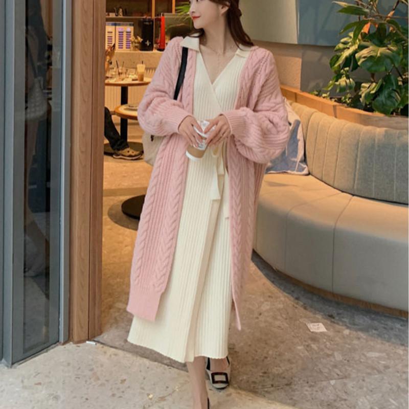 New Korean Style Knitted Cardigan Long Sweater Coat Women Casual Retro Twist V-neck Loose Spring and Autumn Fashion Long Sleeve Sweaters Simple Jacket