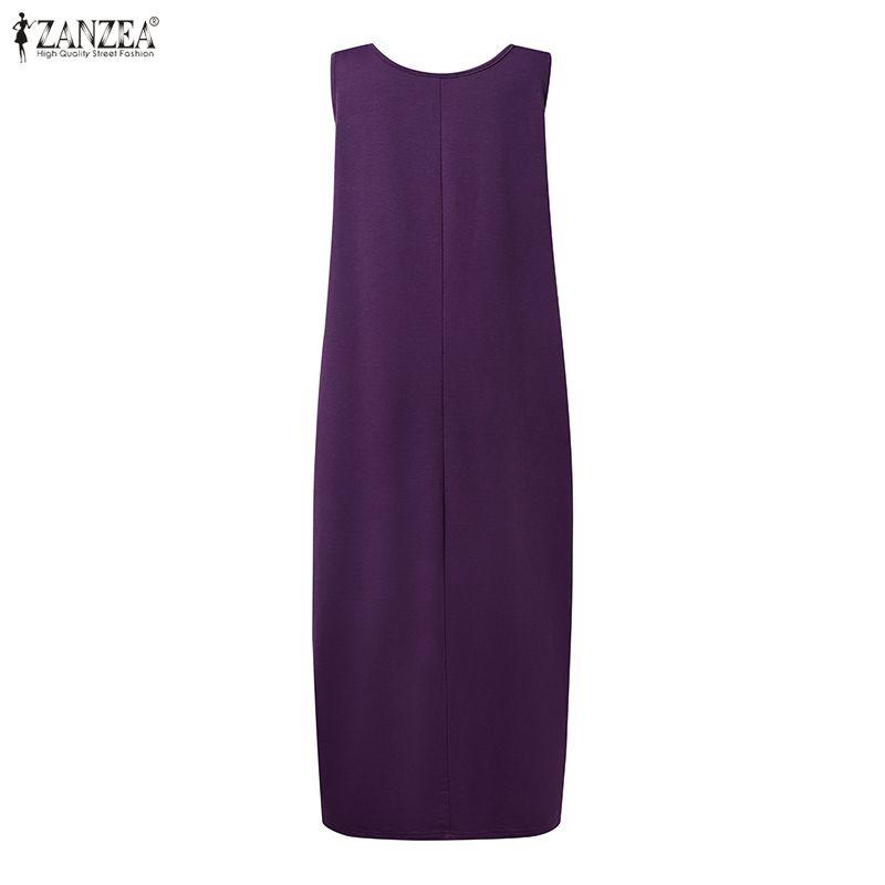 ZANZEA Women Casual Round Neck Sleeveless Loose Long Dress with Pockets
