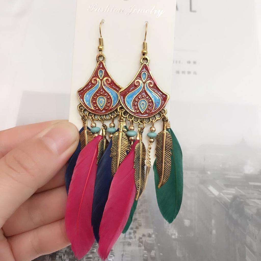 Vintage Bohemian Feather Tassel Earrings Exaggerated Ethnic Vacation Dangle Ear Jewelry Fashion Accessories For Women