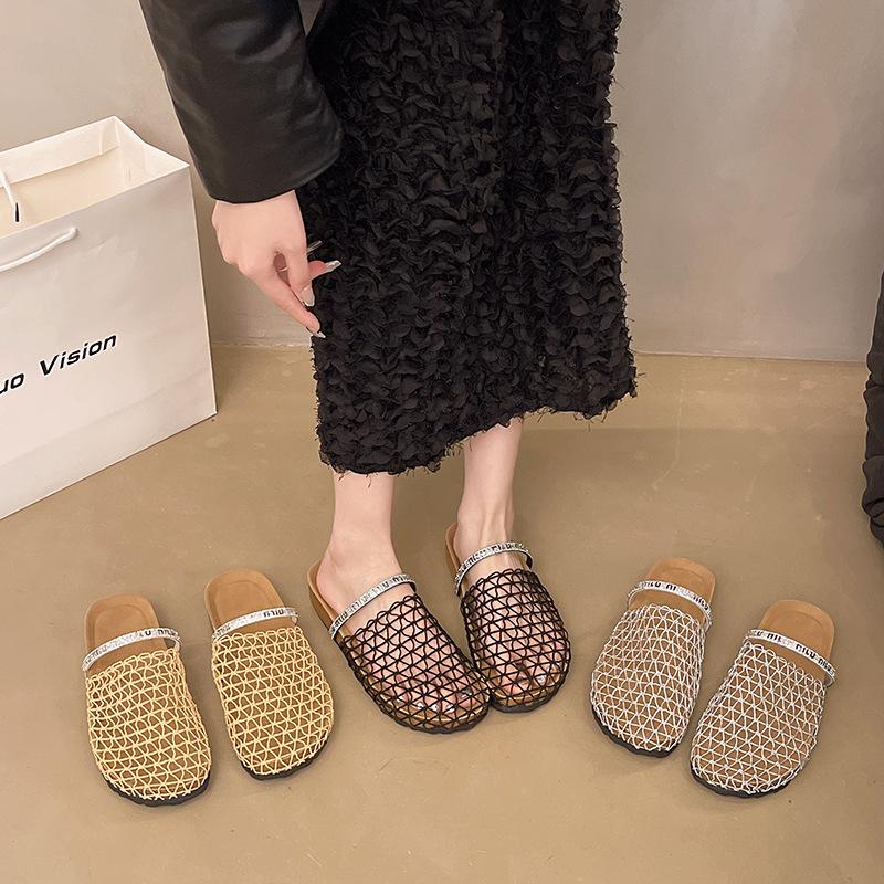 Summer new fisherman flat bottom round head baotou half slippers niche fishing net woven hollow cool slippers