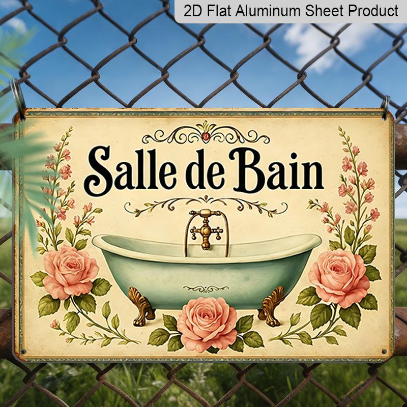 2D Flat Vintage French Bathtub Wall Plaque with Pink Roses & Green Foliage - Bath Sign, Metal Wall Art Suitable for Bathroom or Multi-Room Decor