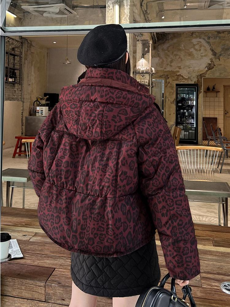 Women's Thickened Short Detachable Hood Leopard Print Jacket
