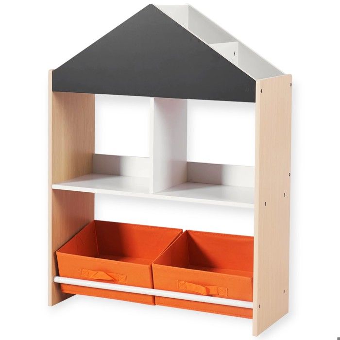 Meuble de rangement enfant GINGER HOME – Étagère maison en bois avec ardoise, 2 bacs tissu, 62,4x26,5x90 cm – Organisation jouets