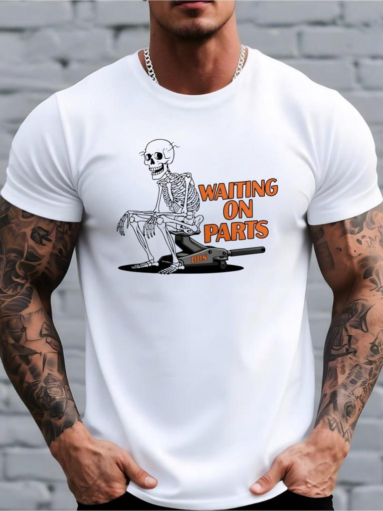 Men'S Waiting Accessory Skull Mechanic Print T-Shirt, Fun Car Repairman Pattern Round Neck Short Sleeve, Auto Mechanic Garage Street Style Outfit