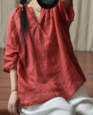 Women Ramie Vintage Shirts Summer Half Sleeve Loose Tops Clothes Female Solid Color Loose Shirts