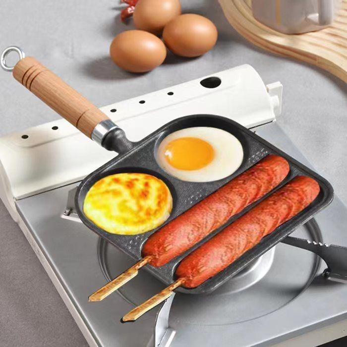 Gegrillte Wurst & Reiskuchen Gusseisen BBQ-Pfanne mit Spiegeleier-Schlitz für Outdoor-Kochen