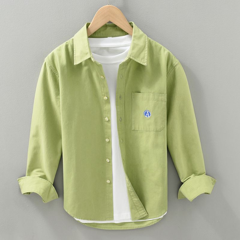 

2026 Men s Spring Autumn New Spliced Square Collar Button Pocket Embroidery Fashion Solid Color Loose Casual Long Sleeve Shirts M зелёный