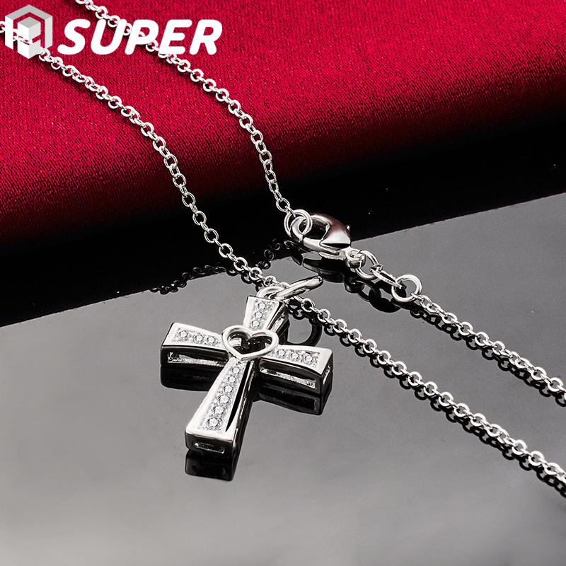 925 Sterling Silver 18 Inch Chain Cross AAA Zircon Heart Necklace Jewelry