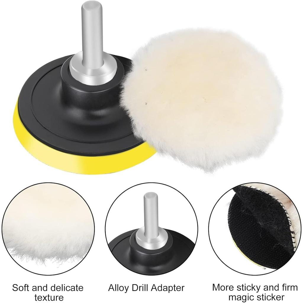 7PCS 3 inch Wool Polishing Buffing Pad, Car Buffer Polisher Kit with Hook and Loop Back, for Drill Buffer Attachment with M10 Drill Adapter