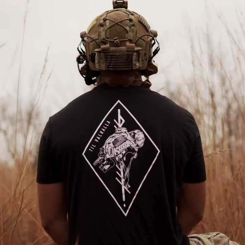 Summer New Products Military Style Tough Guy Style Checkered Tactical Helmet Style Roundneck ShortSleeved TShirt