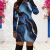 Women Plus Size Round Neck Long Sleeve Printed Teal Blue Gold Bodycon Mini Dress