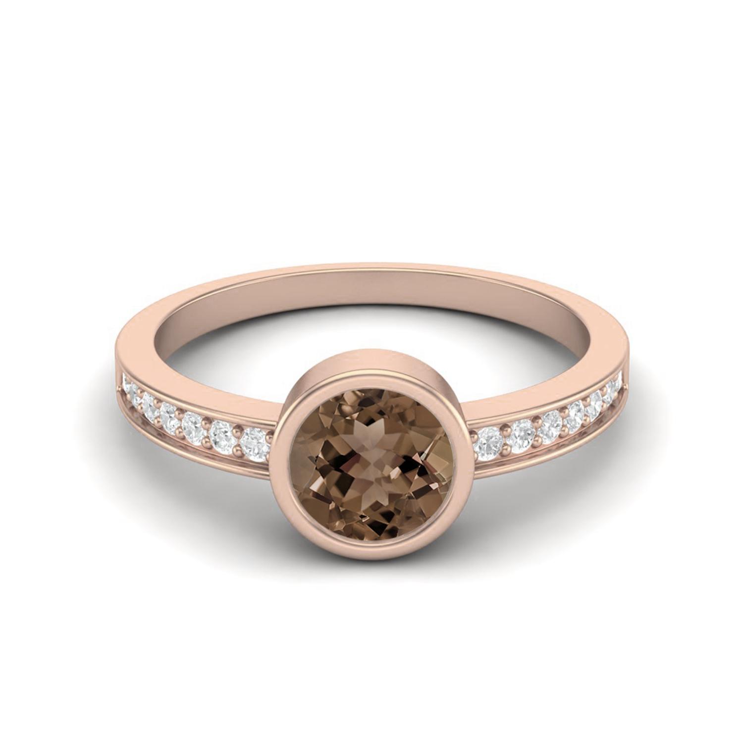6mm Round Smoky Quartz 925 Sterling Silver Rose Vermeil Solitaire Side Accents Women Promise Ring 6