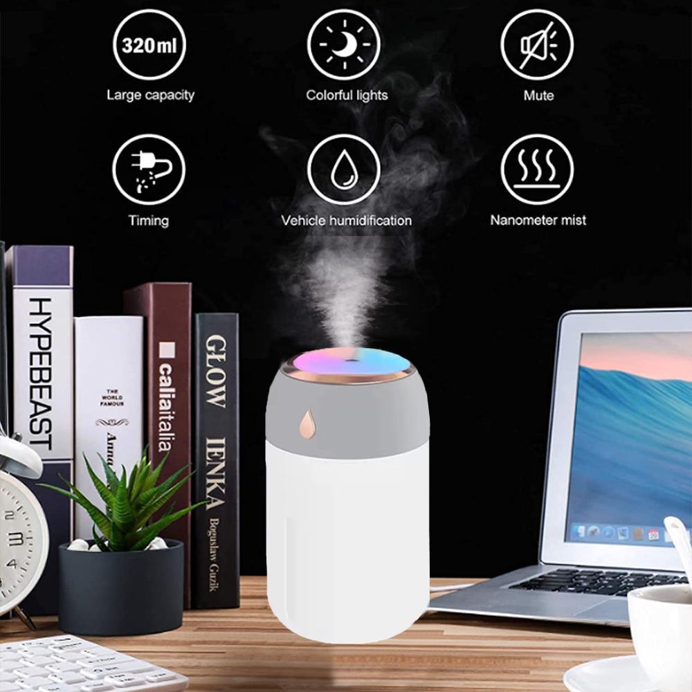 330ml Humidifier with Colorful Light Portable Whisper-Quiet Large Mist Spray USB-Powered Fresh Air for Bedroom Home Car Purifier
