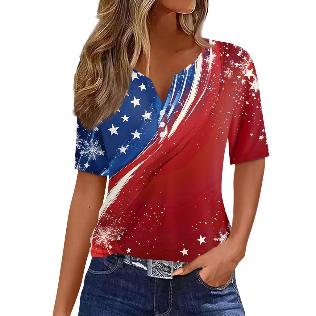Women's T Shirt Independence Day Print Button Short Sleeve Daily Weekend Fashion Basic V- Neck Regular Top