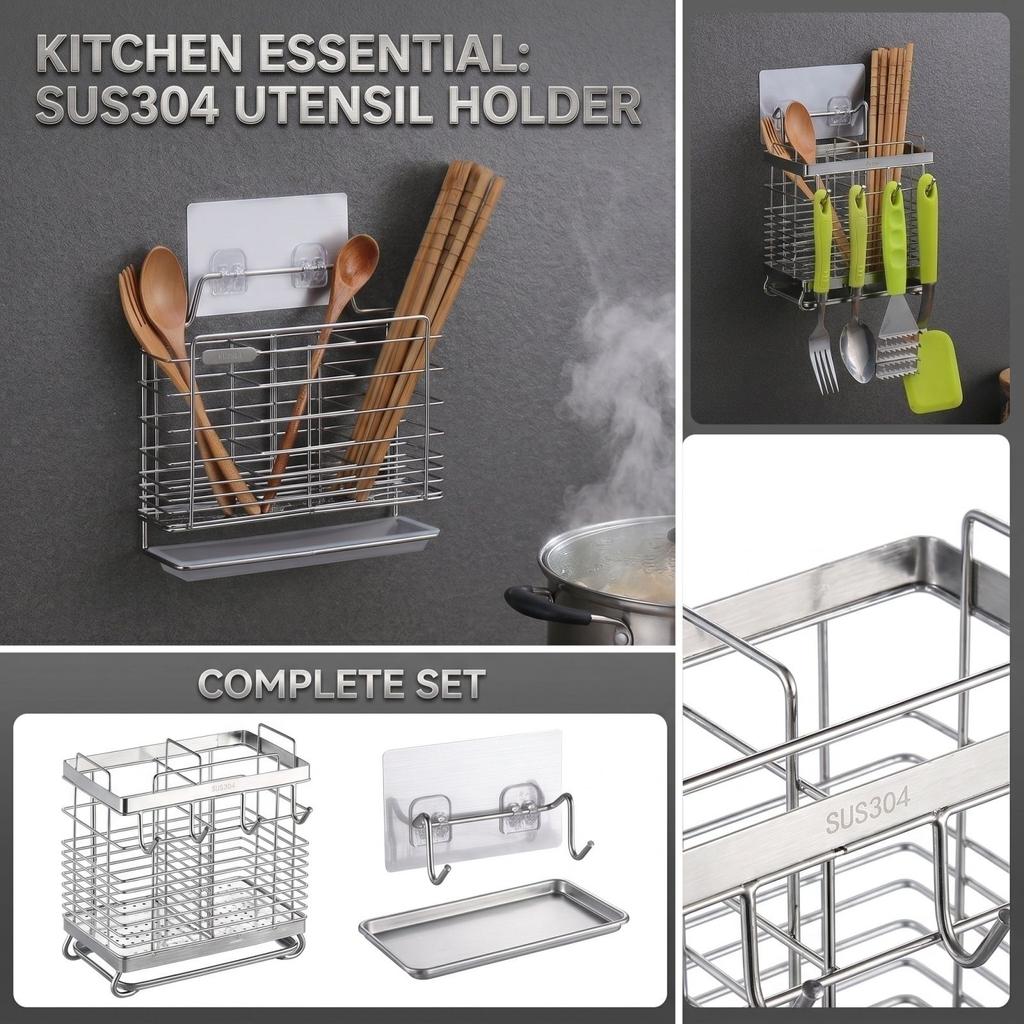 Stainless Steel Chopsticks Holder Draining Rack with Double Compartments and Hooks for Kitchen Countertop or Wall Mounted Storage Organizer