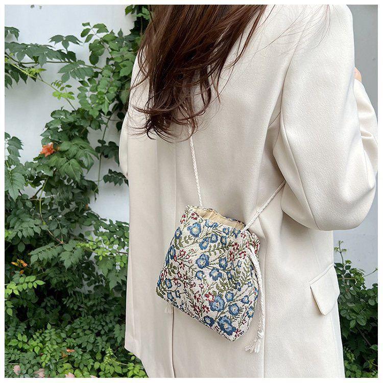 Umhängetasche Kordelzug Canvas Damentasche Blumenstickerei Ethno-Stil Kleine Tasche Crossbody Bucket Bag