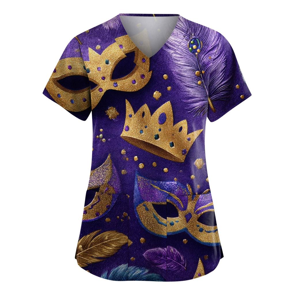 Women's Fashion V-Neck Short-Sleeved Workwear With Pockets Carnival Print Top Caregiver Uniform