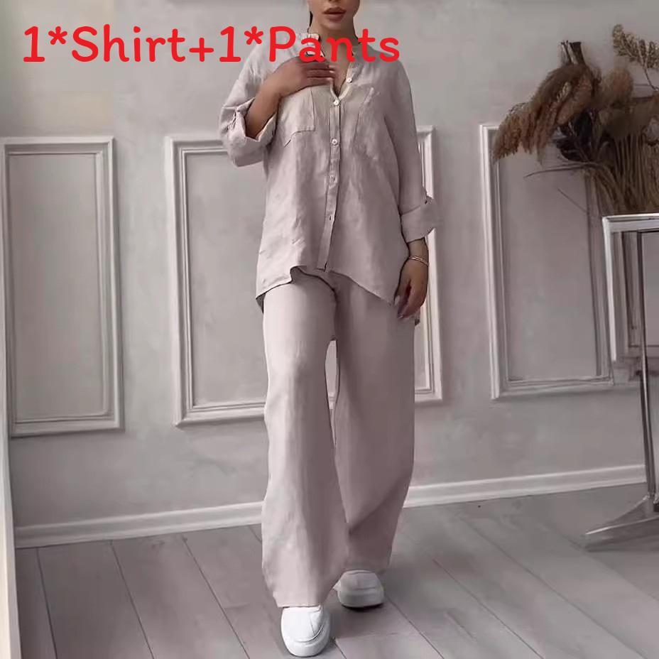 Casual Cotton Linen Shirt And Drawstring Wide Leg Pants Set For Women Spring