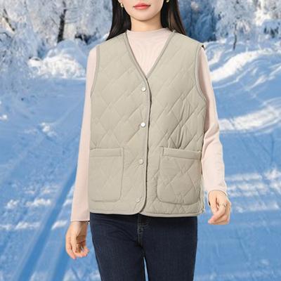 Yousheng Women Fall Winter Waistcoat Sleeveless V Neck Single-breasted Thick Padded Warm Solid Color Casual Windproof Soft Lady Vest Coat