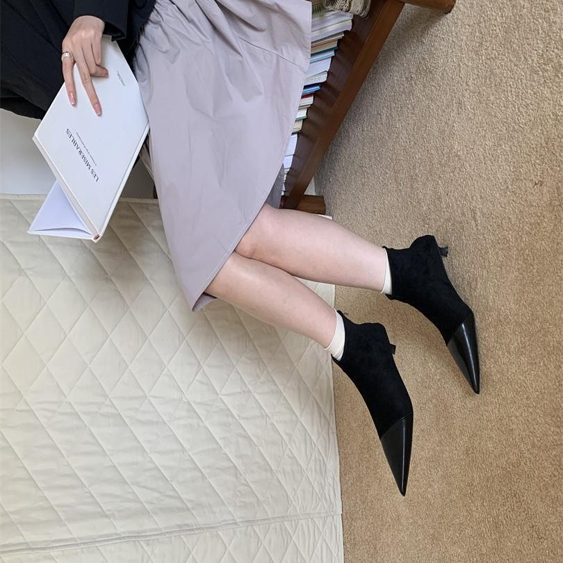 2025 autumn and winter new pointed suede splicing thin heel medium heel short boots high heel elastic thin boots socks boots women's shoes