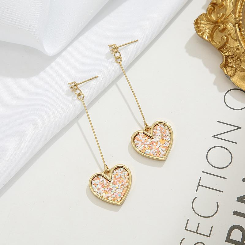 

Korean Pink Sequined Heart Dangle Earrings with Zircon Accents for Women