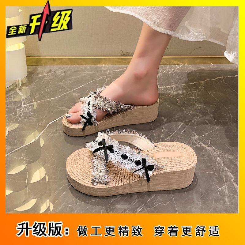 Fashion versatile slippers women's 2025 summer wear thick bottom slope with lace cross with seaside vacation cool slippers women